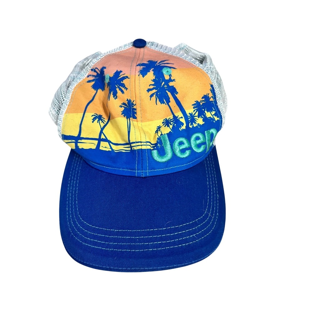 Jeep Trucker Hat Blue Sunset Palm Tree Mesh Snapback Cap Jedco One Size